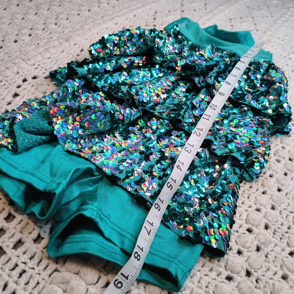 Weissman Dance Costume SC Teal Shimmer Fringe Leotard Recital Competition Sequin